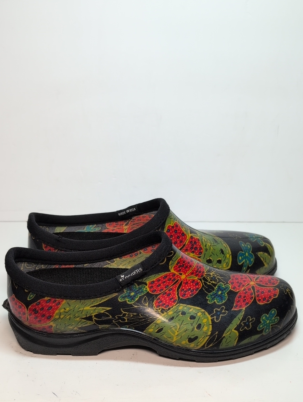 SLOGGERS midsummer black floral waterproof Garden shoes women's size 9